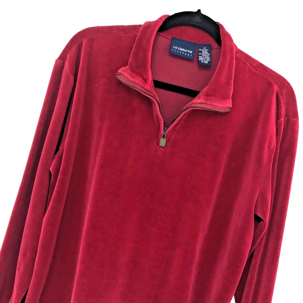 Vintage Liz Claiborne Pullover Top‎ Womens M Burgundy Velvet 1/4 Zip Drawstring
